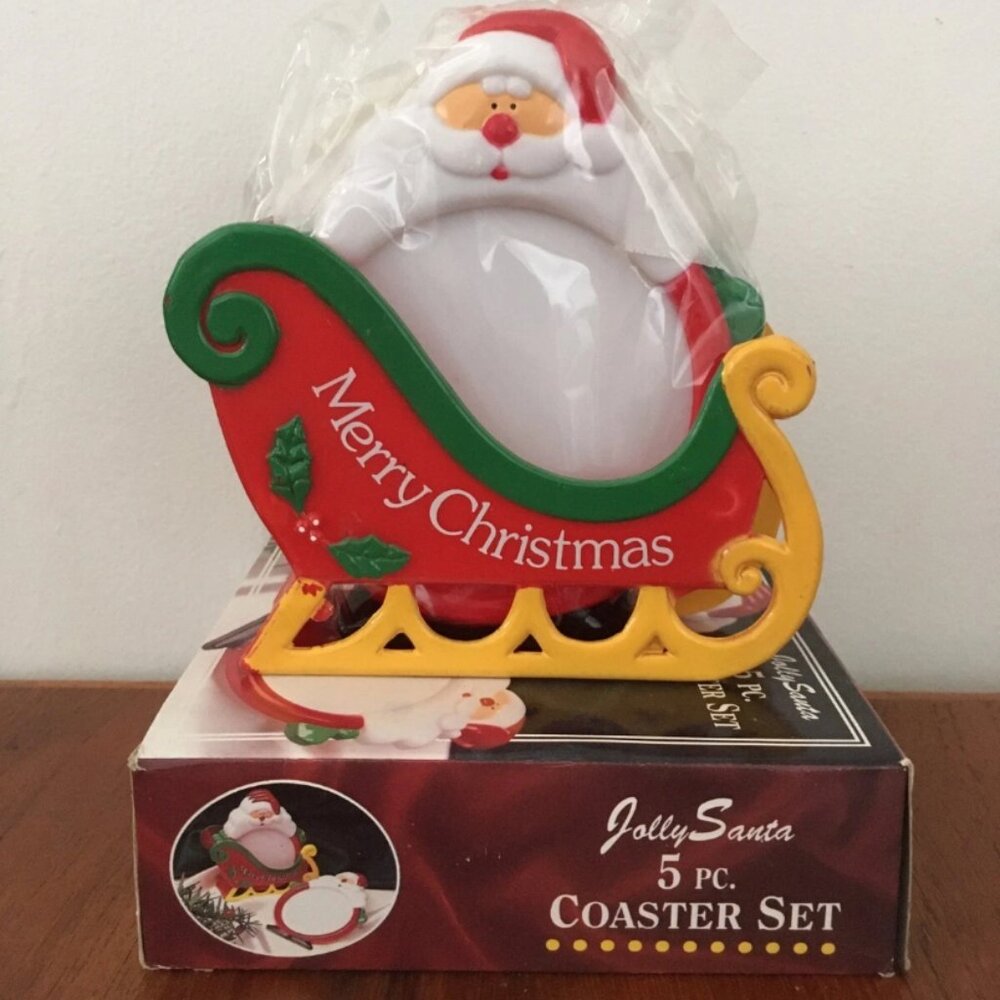 NEW Vintage JSNY #1222 Jolly Santa 5-Piece Coaster Set With Sleigh SEALED